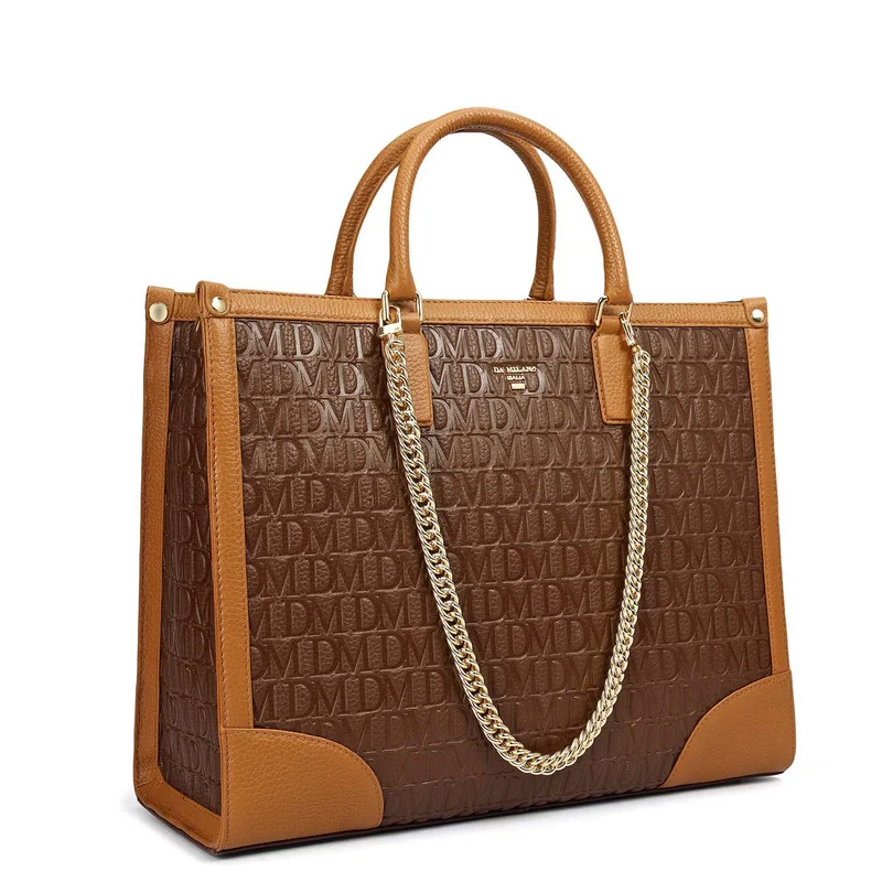 Da Milano Medium Monogram Leather Book Tote - Mocha
